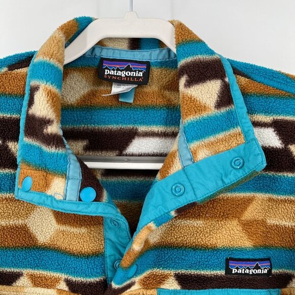 Patagonia Synchilla Fleece Pullover Womens Size S Snap Teal Brown Aztec Mountain - Picture 2 of 12